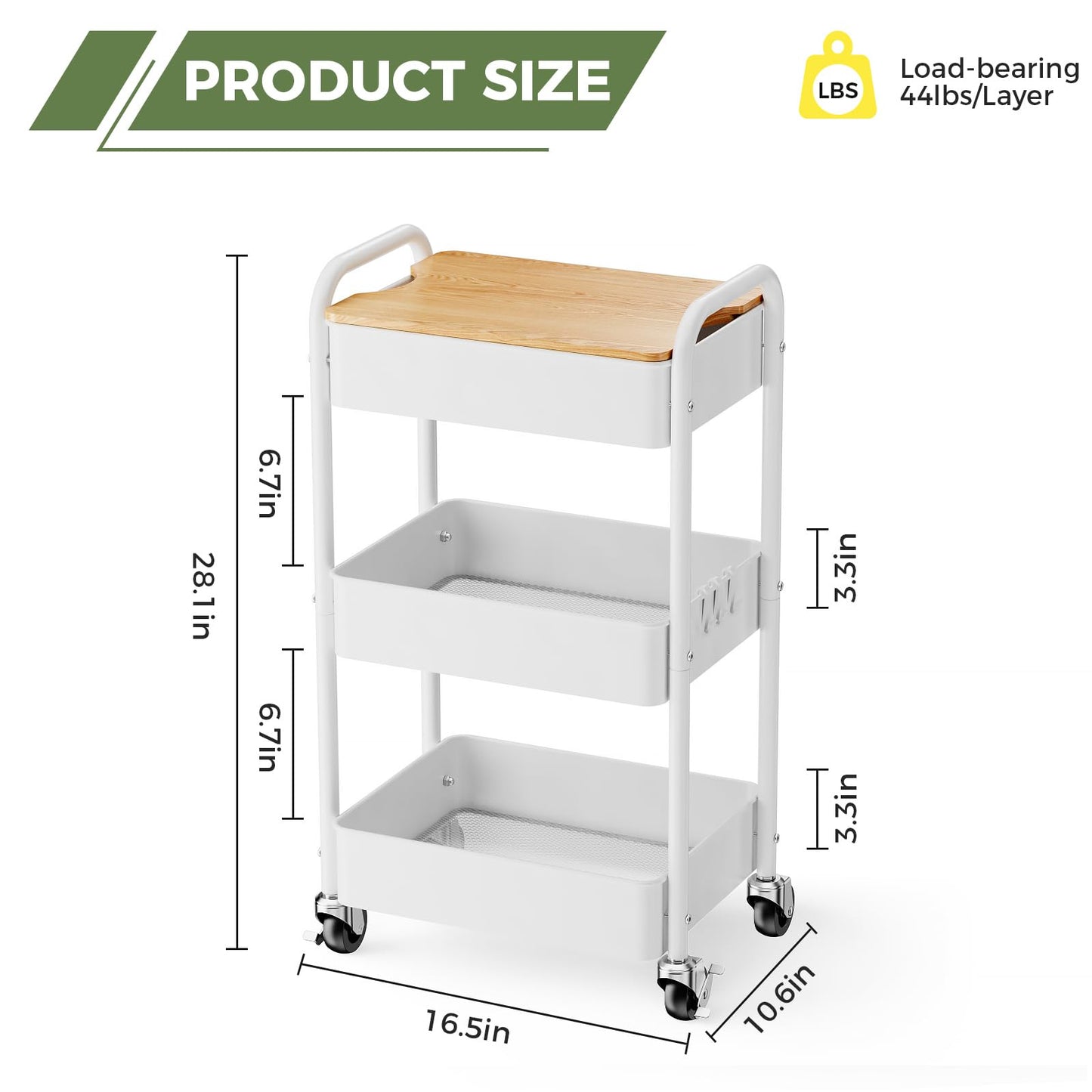 3 Tier Rolling Cart with Table top, Metal Rolling Utility Cart on Wheels, Sturdy Storage Organizer Cart with Hooks for Office, Classroom, Kitchen and Bathroom (White)