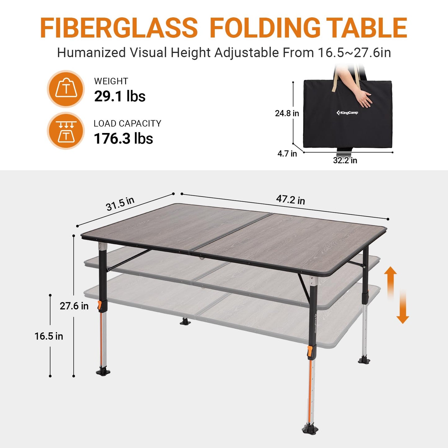 KingCamp Adjustable Height Folding Camp Table, Large Fiber Glass Portable Picnic Table for Outdoor & Indoor Use, Sturdy Aluminum Leg Patio Table for 4-6 People with Storage Bag