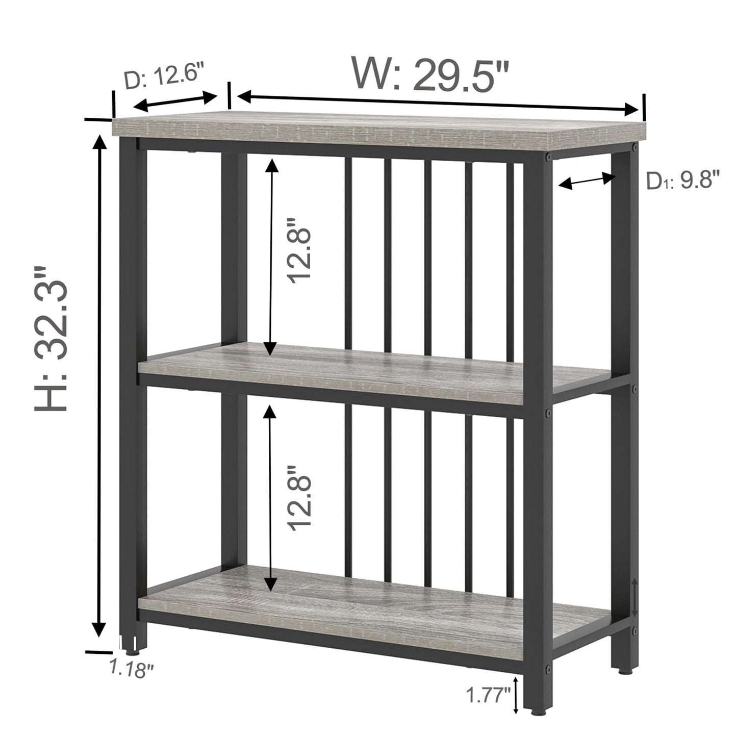 FOLUBAN 3 Tier Bookshelf, Short Bookcase for Small Space, Modern Wooden and Metal Book Shelf for Living Room Bedroom Office (Light Grey Oak)