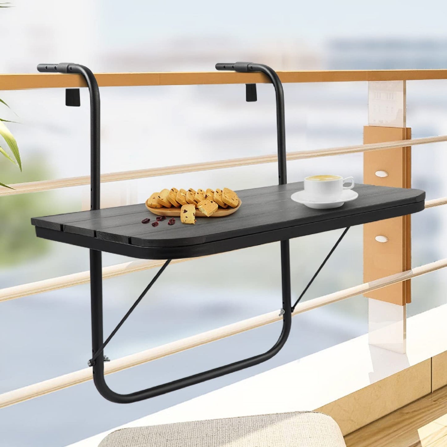 Balcony Table Hanging Deck Railing Table Outdoor Balcony Bar Tables for Railings Aluminium Folding Adjustable for Patio Deck Garden Baluster Windows 23.6" x 15.7", All Weather Space Saving Black
