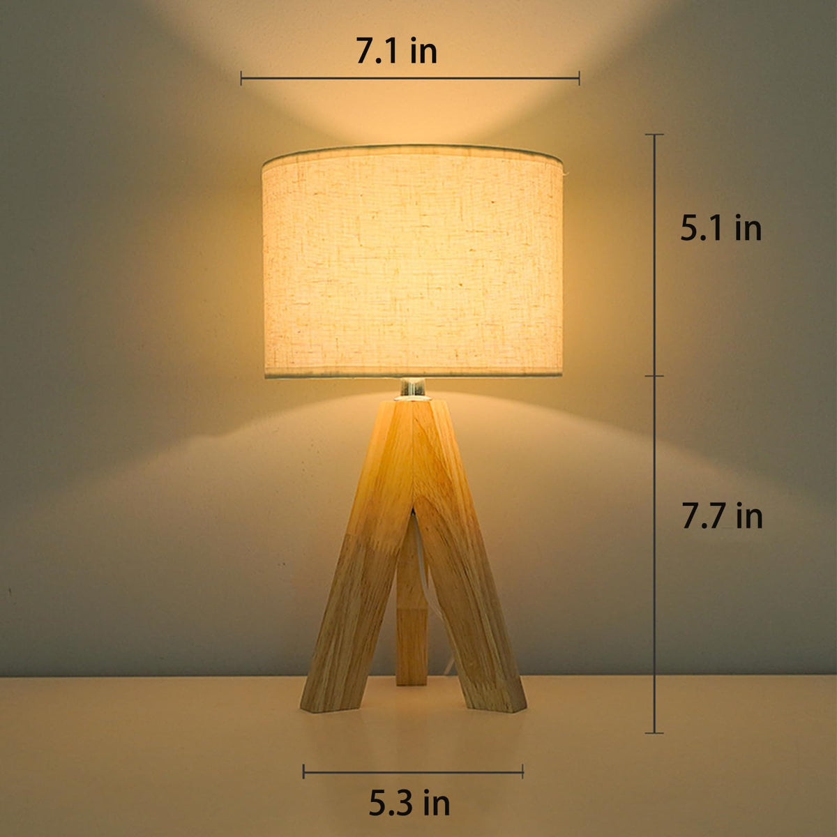 Tripod Table Lamp, Small Cute Bedside Lamp with Linen Beige Lampshade, Nightstand Lamp for Nursery, Bedroom, Kid Room, Living Room, Light Brown Wooden Base, E26 Socket, 12.8Inch, 3000K, 4500K, 6000K