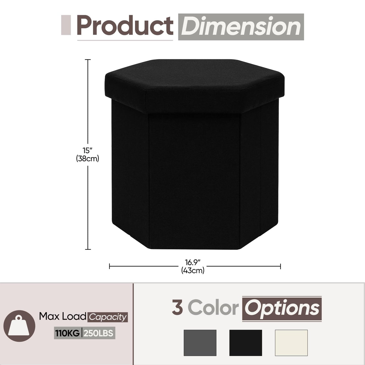 ZOLANOful Hexagon Storage Ottoman, Foldable Linen Footrest with Hidden Storage, Upholstered Ottoman Footstool for Living Room, Bedroom, Dorm, Entryway, 15 x 16.9 x 15 Inches, Black