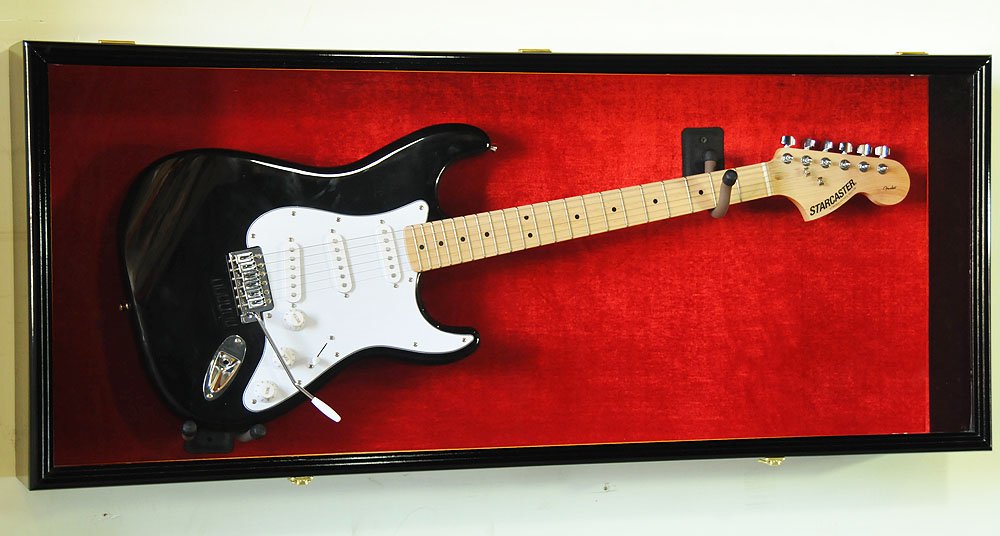sfDisplay.com,LLC. Guitar Display Case Cabinet Wall Rack for Fender or Acoustic w/UV Protection- Lockable w/Horizontal mounting, Black