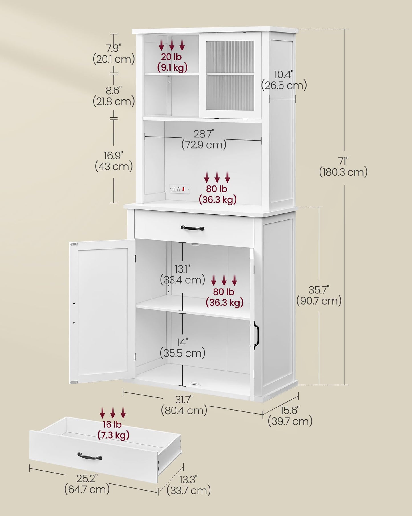 VASAGLE LIRY Collection - 71-Inch Tall Kitchen Pantry Cabinet with Lights and Charging Station, Coffee Bar Cabinet with Doors and Drawer, Farmhouse Style, Adjustable Shelves, Cloud White UBBK363W11