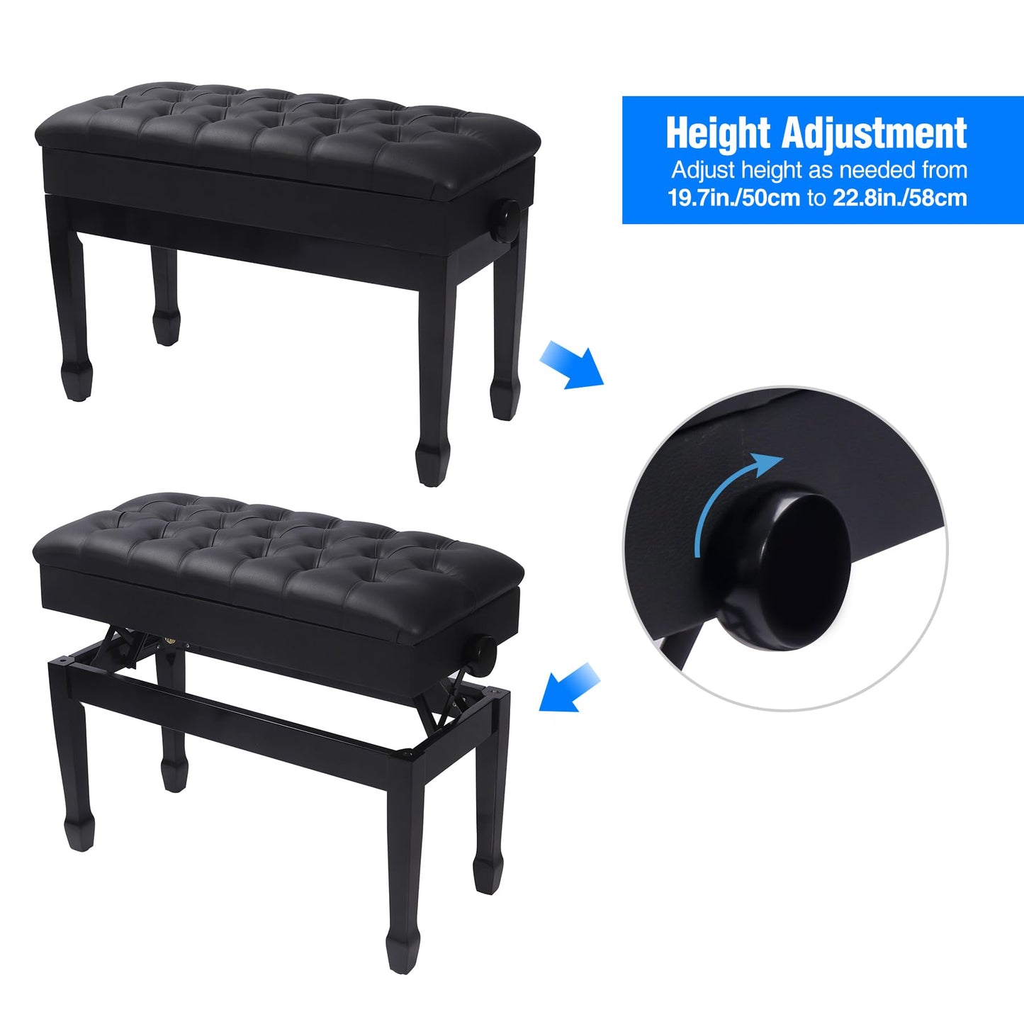 ALAPUR Adjustable Duet Piano Bench with Storage,Heavy Duty Wooden Double Keyboard Piano Bench Seat with PU Leather Cushion,Black