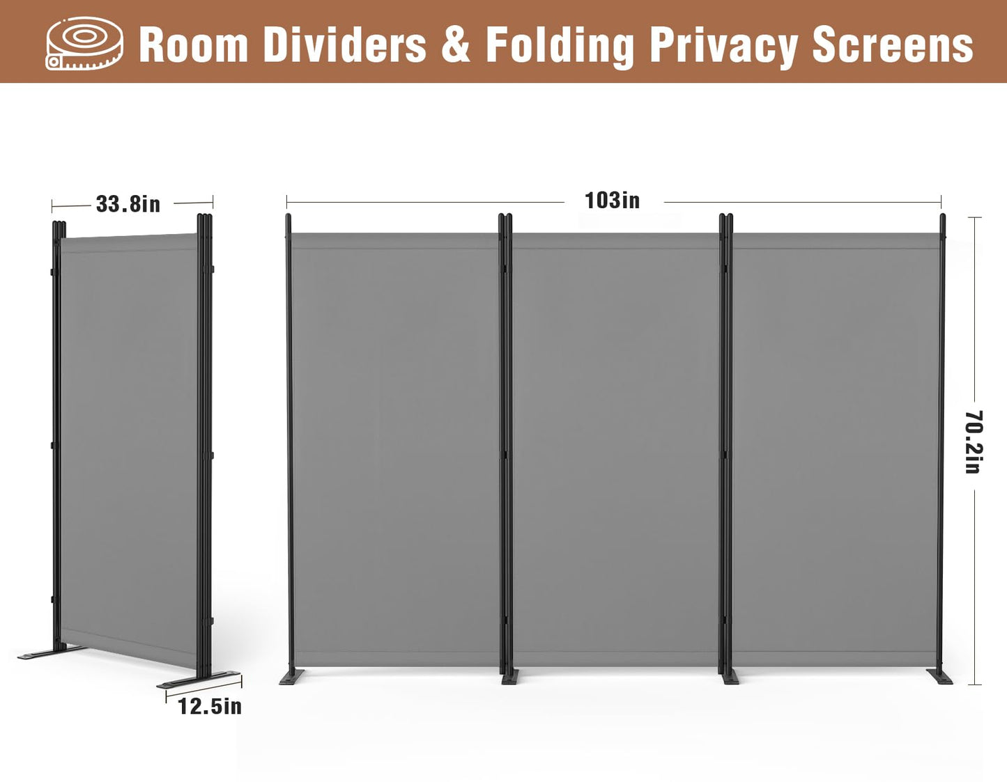 Yettsoy Room Divider 6FT Folding Privacy Partition Screen, 103'' W Freestanding Wall Divider for Room Separation, Portable 3 Panel Room Divider Panel Privacy Screen for Dorm Studio Office, Grey