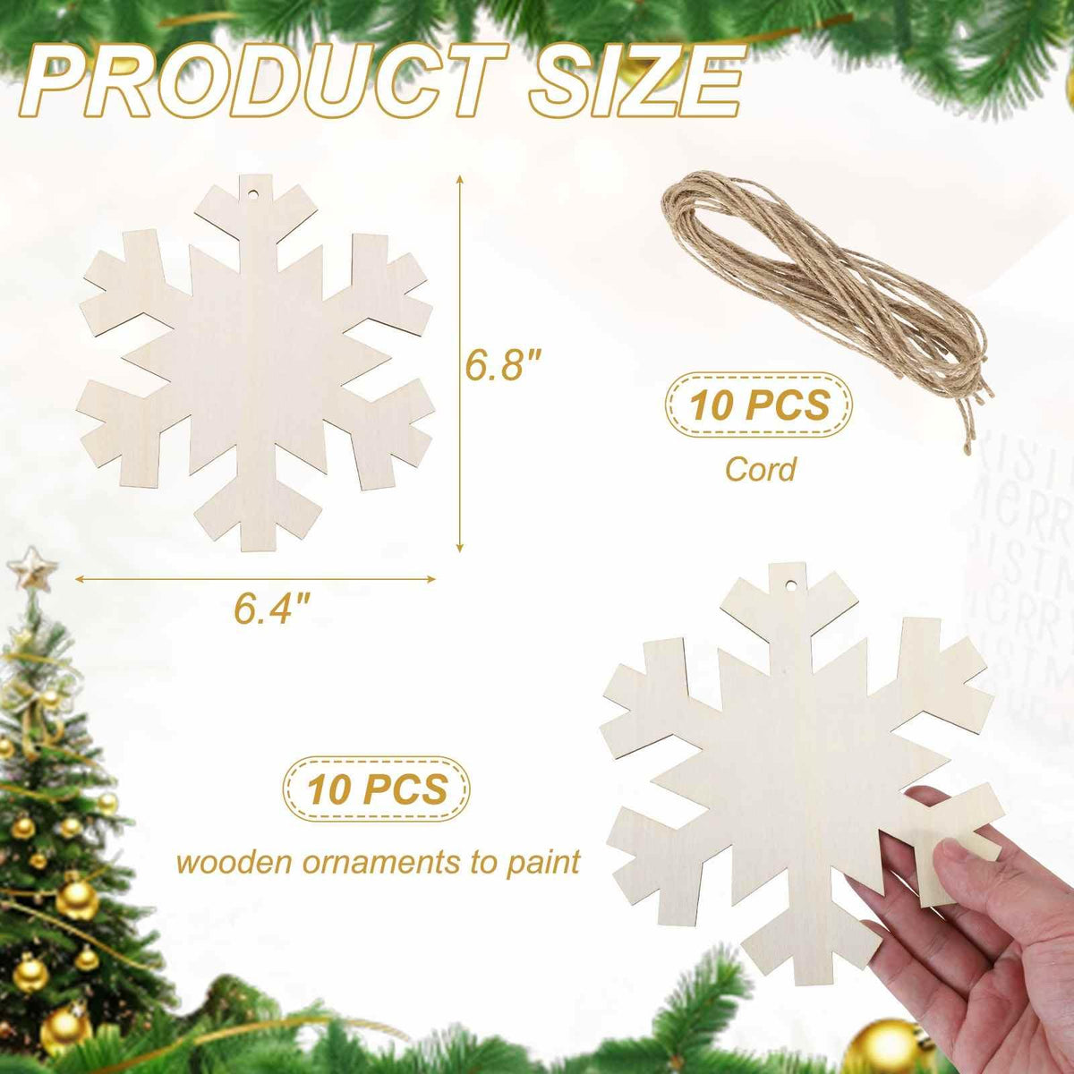 MECCANIXITY 10Pcs 7" Wooden Snowflake Ornaments & Rope, DIY Paint Blank Unfinished Wood Snowflake Cutouts for Art Crafts DIY Hanging Decorations Halloween Christmas Birthday Autumn Gifts