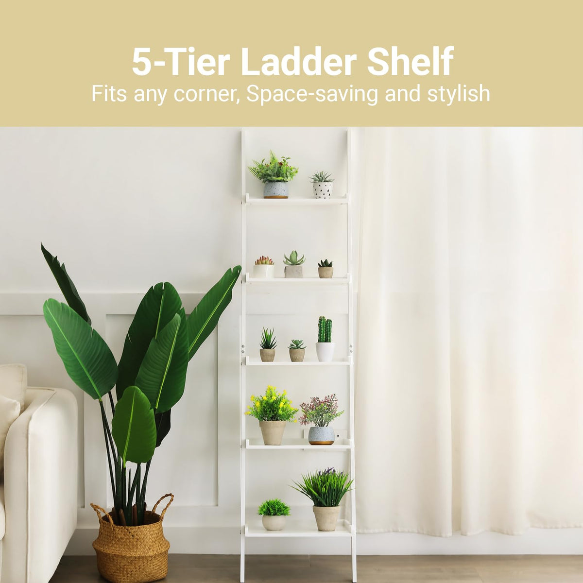 HYNAWIN Ladder Shelf 5-Tier Bookshelf – Storage Rack Shelves Wall Leaning Shelf,White Freestanding Plant Flower Stand, Corner Display Bookcase