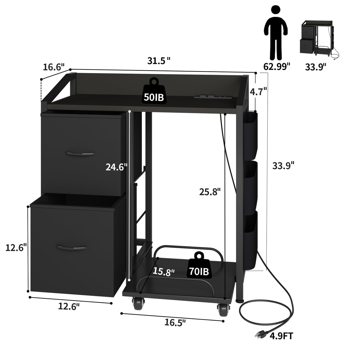 WODRAWER Printer Stand with Storage, Lateral Office Filing Cabinets with Power outlets & USB Charging Port, File Cabinet with Large Printer Stands for Home Office, Shredder Stand Rack (Black)