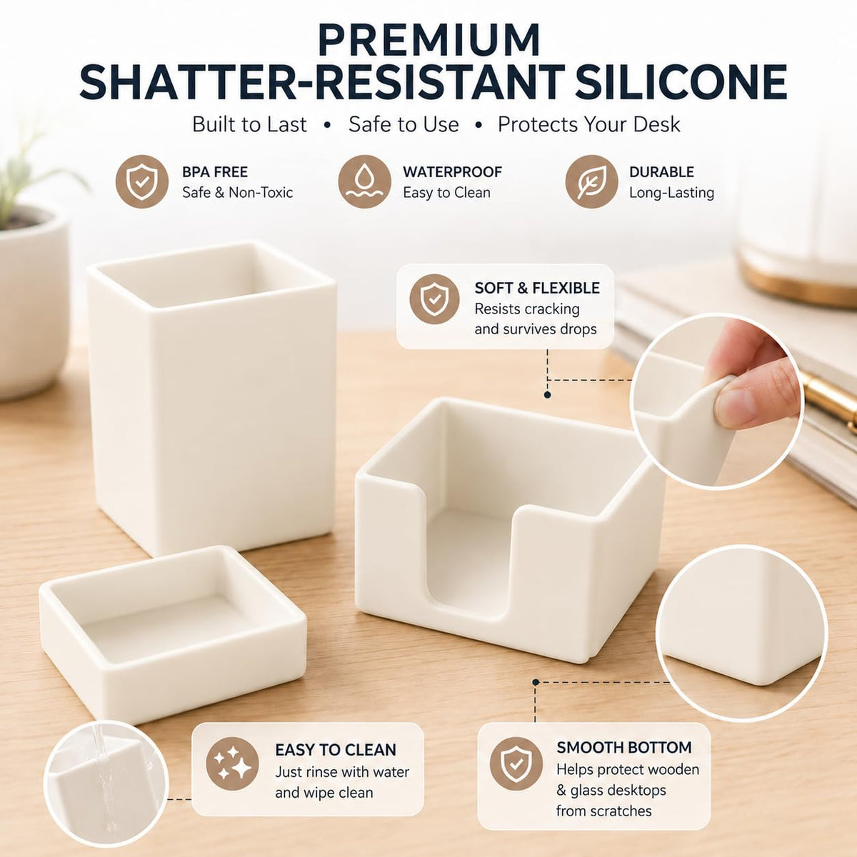 minimaliving Aesthetic Silicone Desk Organizer Set of 3,Modern Office Desk Accessories with Pen Holder,Paperclip Tray,Sticky Note Holder,Stylish Functional Office Desk Decor for Back-to-school(Beige)