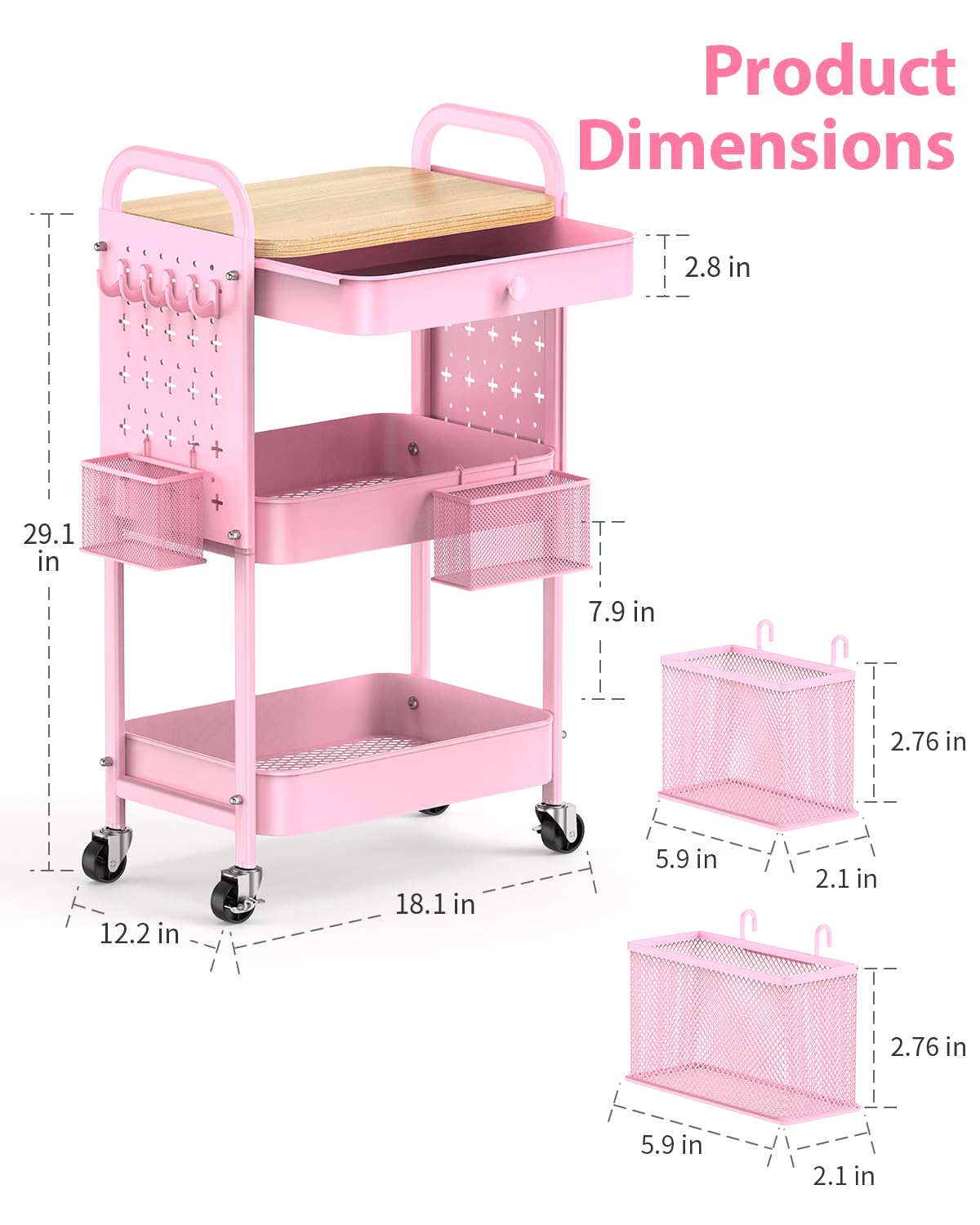 ALVOROG Rolling Cart with Drawer and Wood Table Top, 3 Tier Metal Rolling Utility Cart on Wheels with DIY Pegboards, Hanging Baskets,Hooks for Kitchen, Bedroom, Office, Craft Supplies
