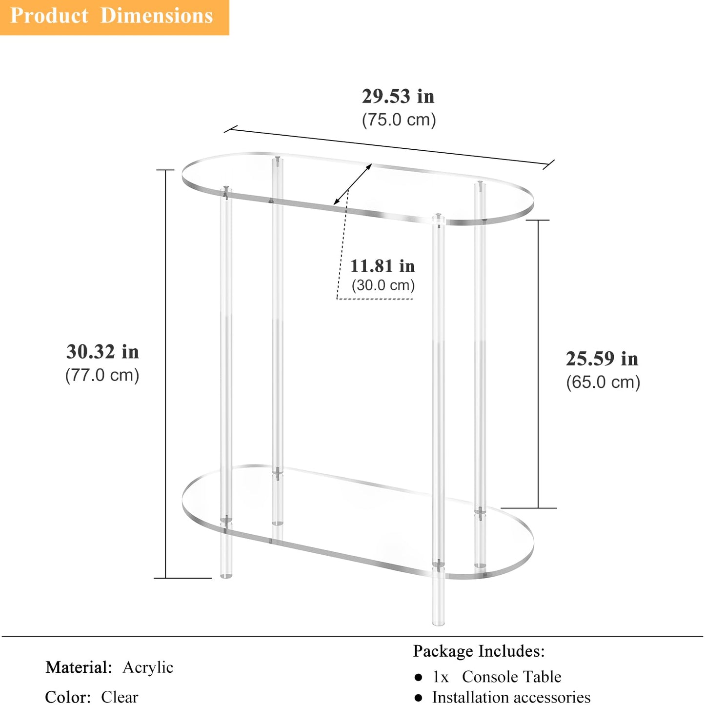 DOHWSK Acrylic Console Table, 2-Tier Oval Frame Sofa Table, 29.53" Small Modern Entryway Table for Living Room, Hallway, Office, Foyer, Easy Assembly (Clear)