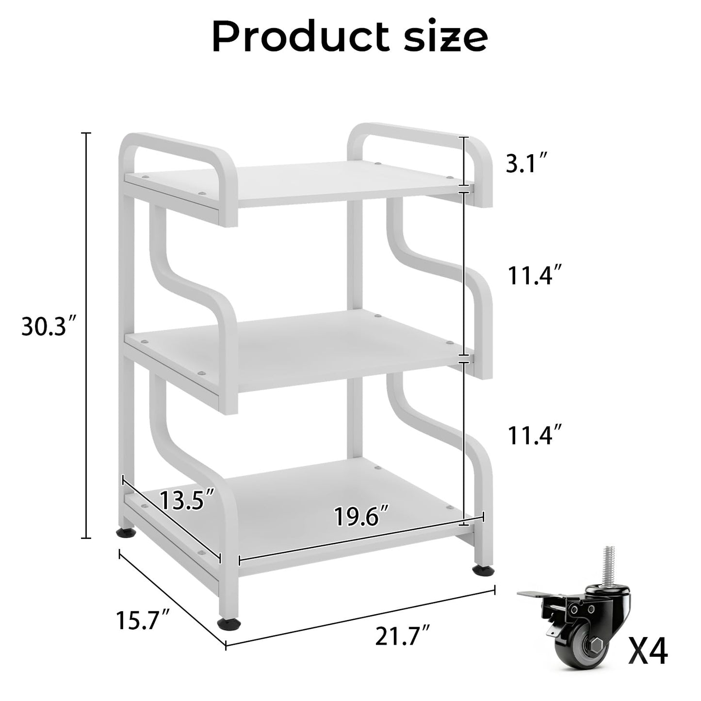 Natwind 3-Tier Printer Stand with Wheels Movable Storage Cart Floor-Standing Multi-Purpose Shelf Rack for Media Player Scanner Files Books Microwave Oven in Kitchen Living Room Home Office (White)