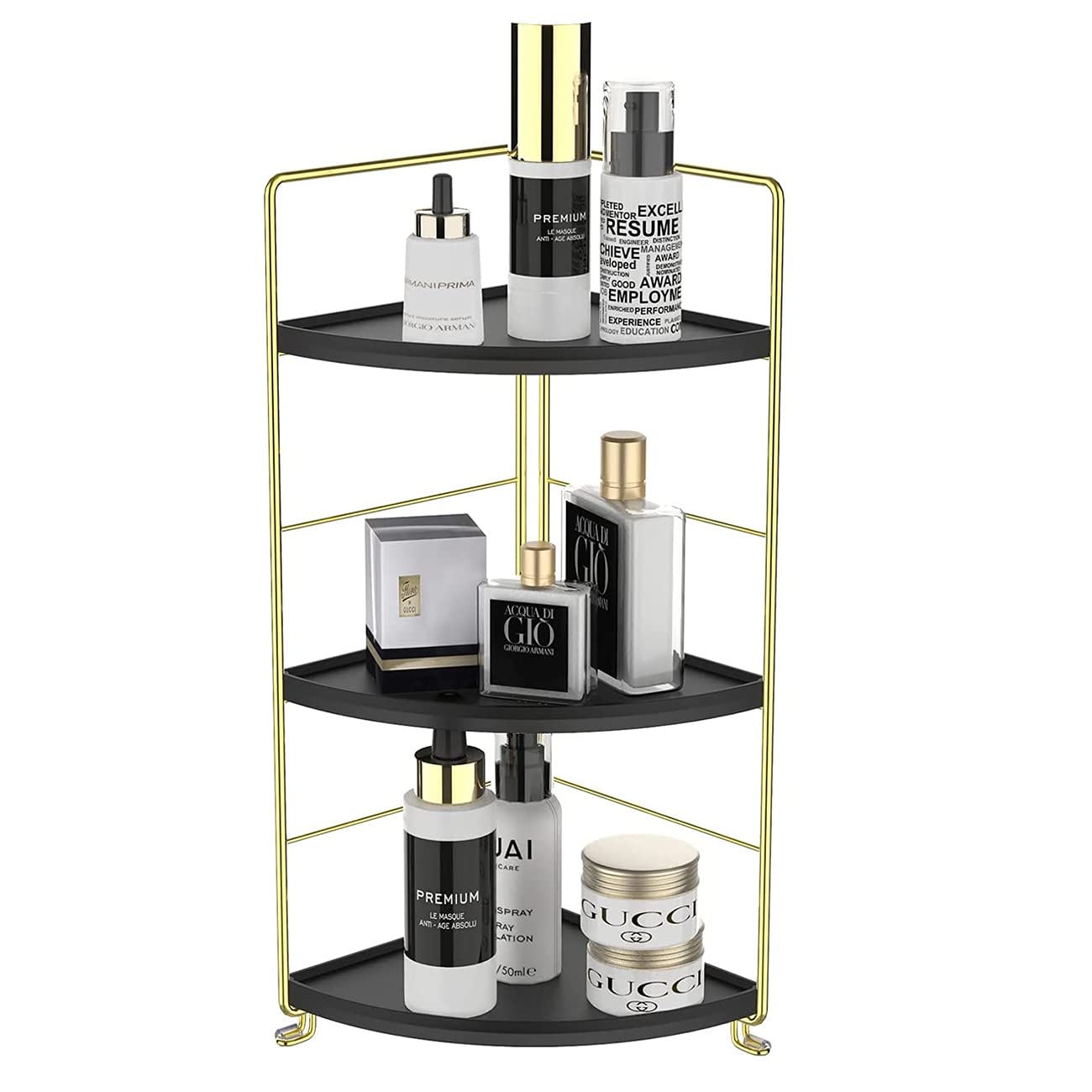 3-Tier Bathroom Countertop Organizer, Vanity Tray Cosmetic & Makeup Storage, Kitchen Spice Rack Standing Shelf, Corner Storage Shelf, Black & Golden