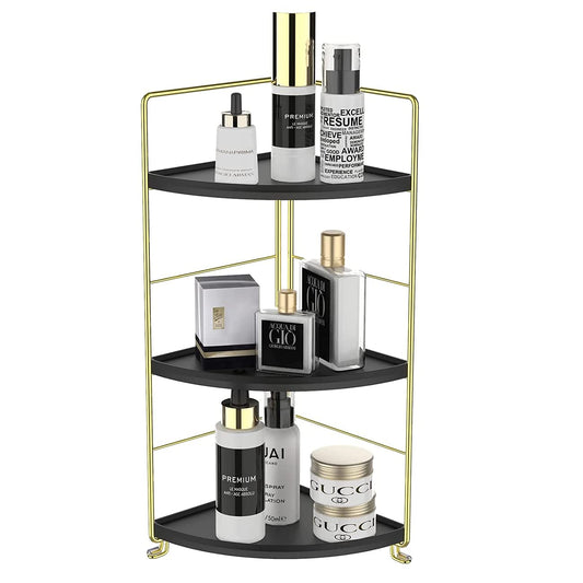 3-Tier Bathroom Countertop Organizer, Vanity Tray Cosmetic & Makeup Storage, Kitchen Spice Rack Standing Shelf, Corner Storage Shelf, Black & Golden