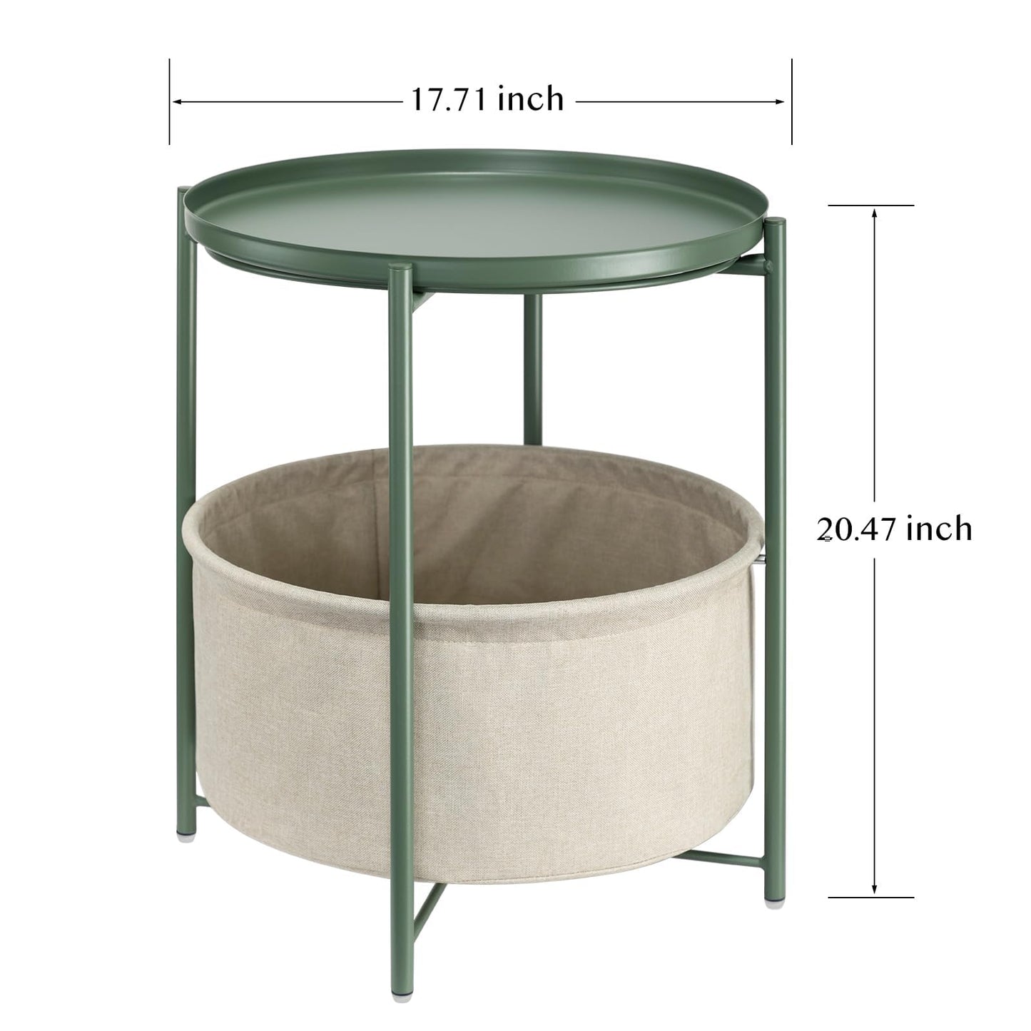 danpinera Round Side Table with Fabric Storage Basket, Metal Side Table Small Bedside Nightstand with Removable Tray for Living Room, Bedroom, Nursery, Dark Green
