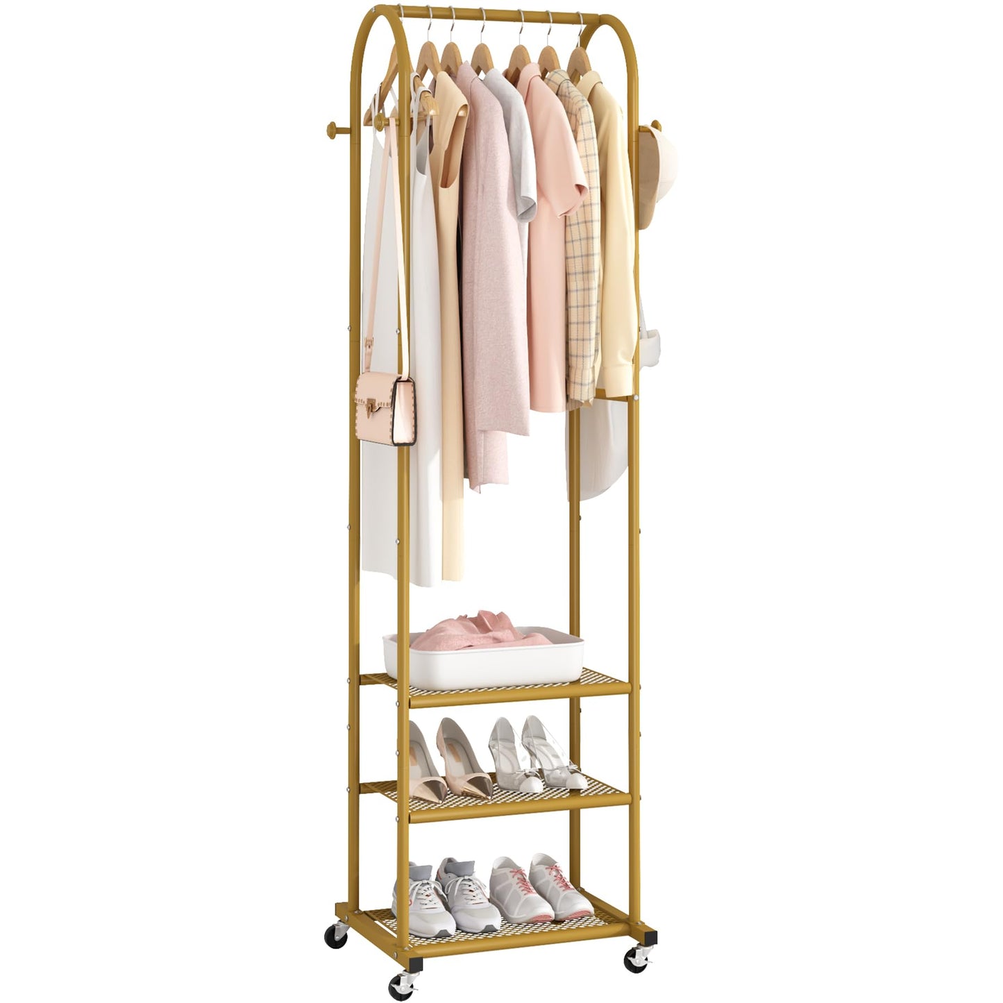 Kaitiemoo Heavy Duty Clothing Rack With Wheels,Modern Garment Rack With 3 Metal Shelves, 71.8Inches Display Rack For Hanging Clothes, Hanging Rod For Small Space,Gold