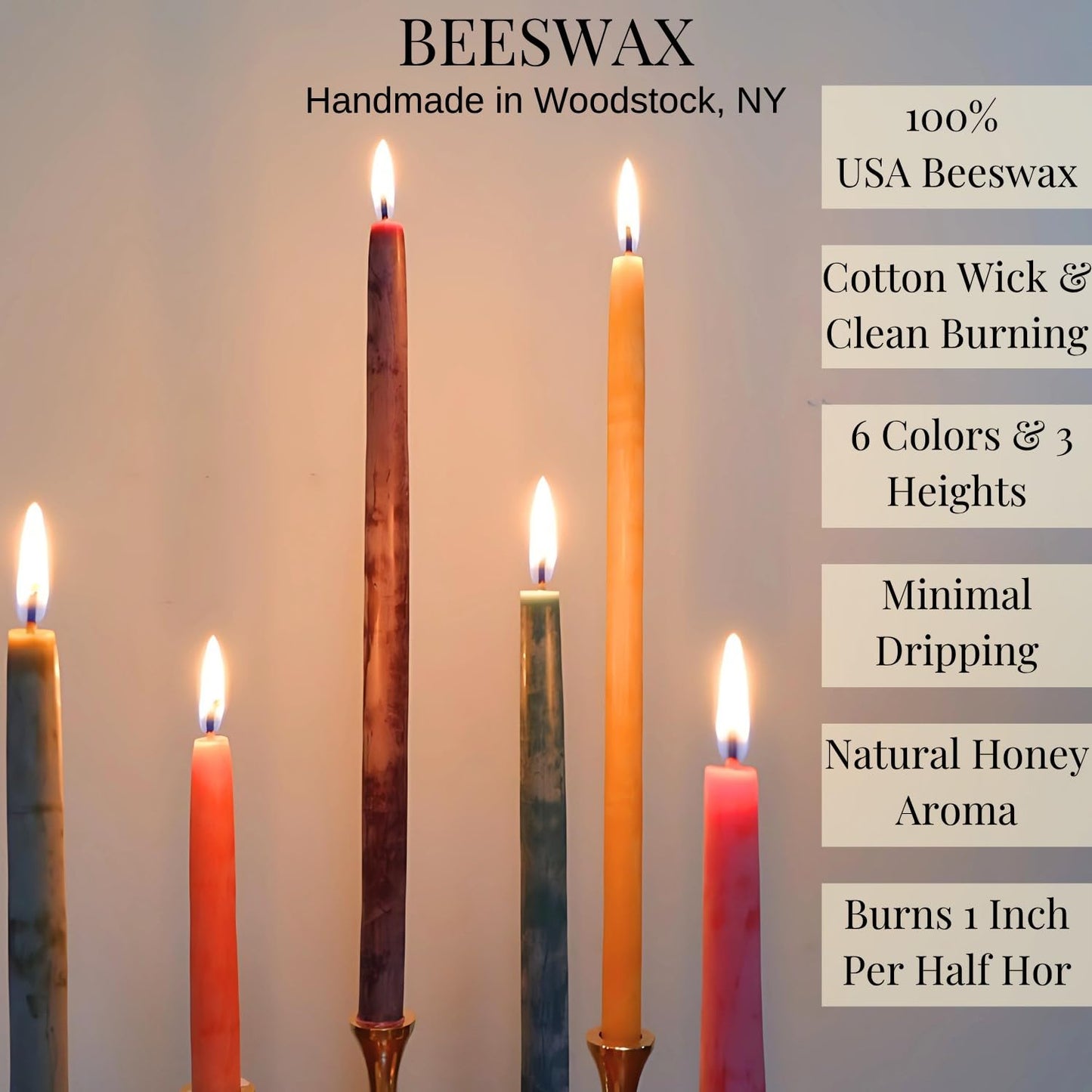 Candlestock Beeswax Taper Candles – 1/2" Diameter, Pure 100% Natural USA Beeswax, Cotton Wick, Dripless, Long-Burning, Handmade in Woodstock- 2 Pairs of Half Inch Tapers (Red, 6 Inch)