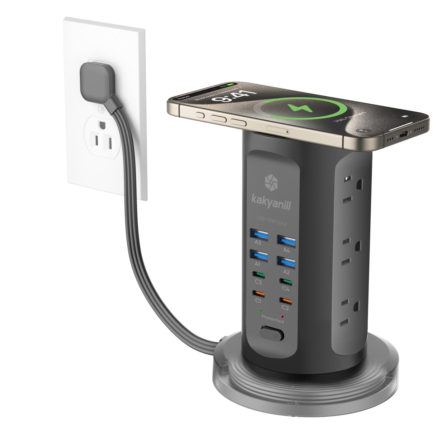 Power Strip Tower, PD 65W USB Charging Tower, kakyanill Surge Protector Tower 9 AC Outlets 8 USB (4 USB C), 6 Ft Retractable Extension Cord, Charging Station for Office Dorm Room, Black