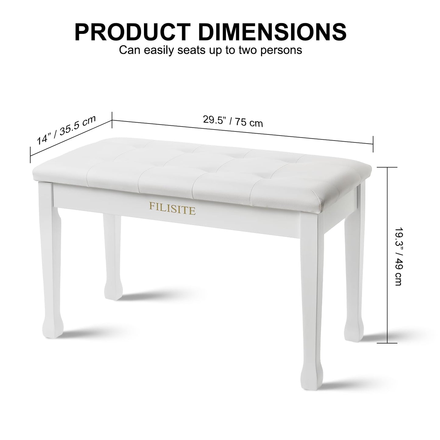 FILISITE Duet Piano Bench with Storage, Wooden Piano Stool with Waterproof Padded Cushion, Bench Seat for Vanity, Living Room, Bedroom (White)