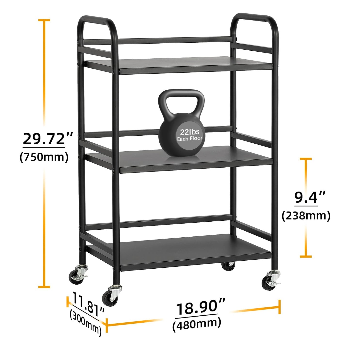 HDANI 3 Tier Rolling Cart Shelves,Heavy Duty Multifunctional Metal Frame-Supports 22 Lbs Per Tier,Rolling Cart with 2 Lockable Wheels for Home,Office,Kitchen,Bathroom,Bedroom,Black