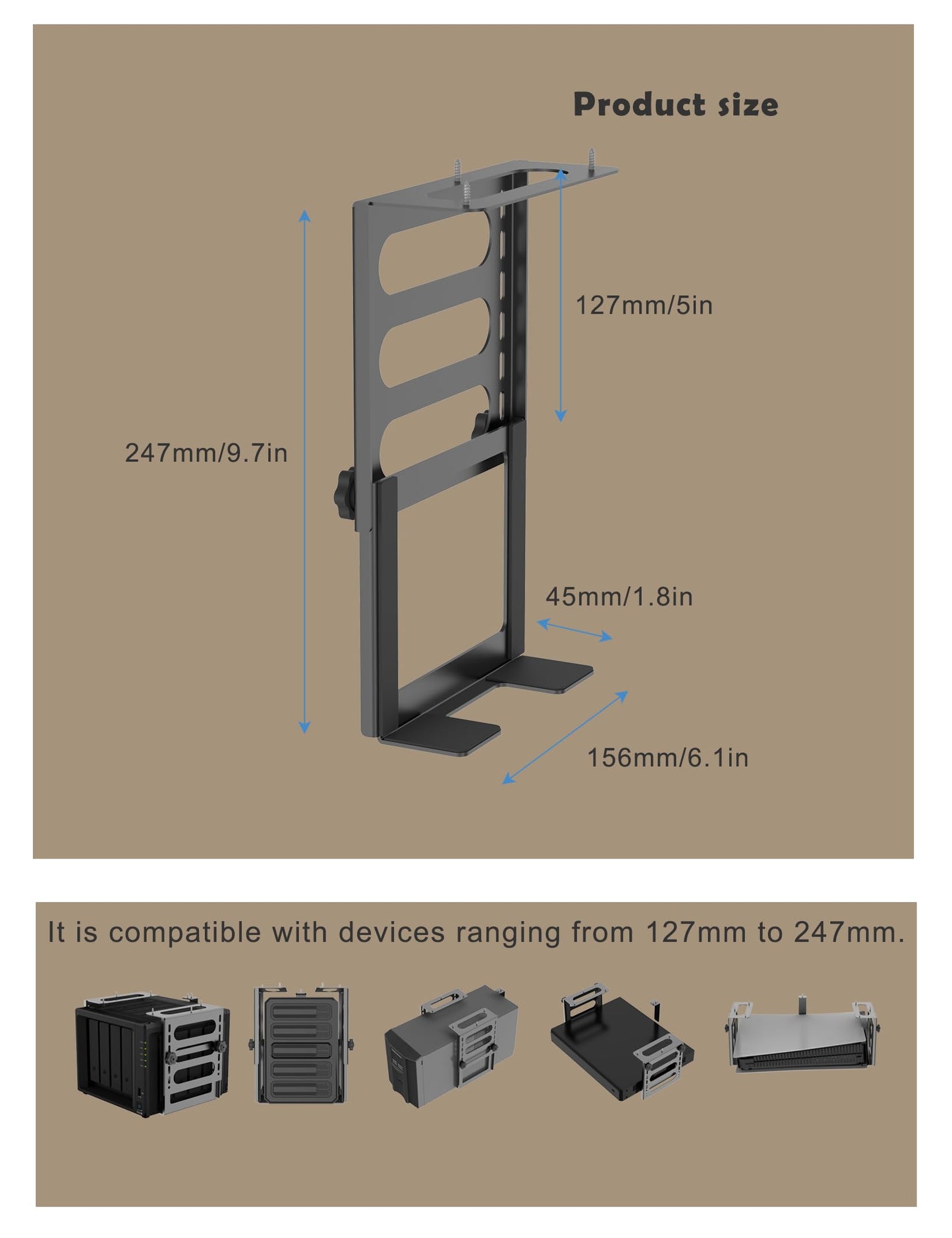 TYAMTOGSM Under Desk Mount for Mini PC/CPU/Xbox/ PS5/ ps4/ ps3 Adjustable Metal Holder Compatible with Cable Box/Network Attached Storage and Other Any Device Upto 9.7" Thick. (Black)