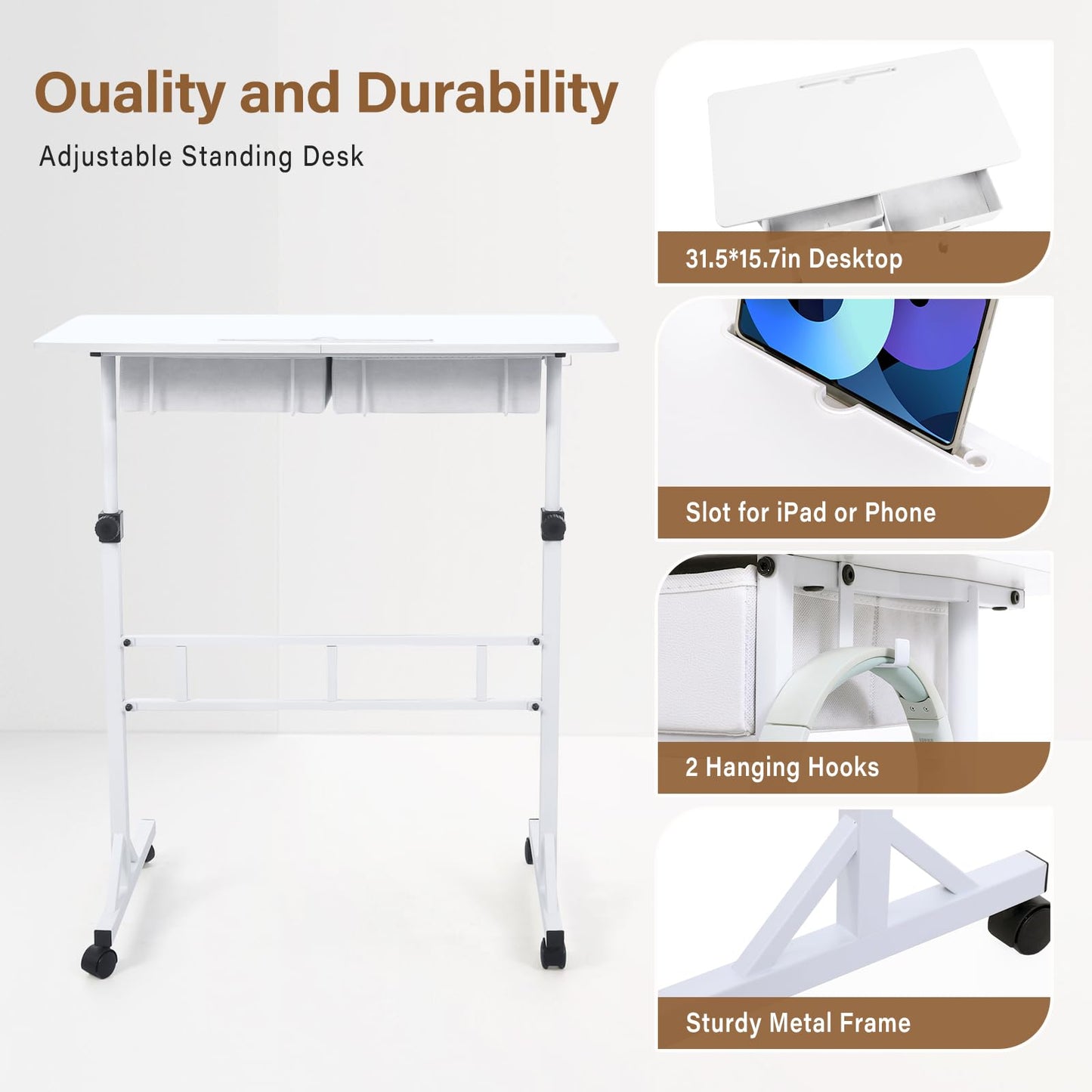 PapeFolicer Small Standing Desk for Walking Pad with Drawers, 27.6"-49.2" Adjustable Folding Standing Desk, 32in Portable Standing Desk on Wheels, Rolling Desk for Home/Classroom/Office, White
