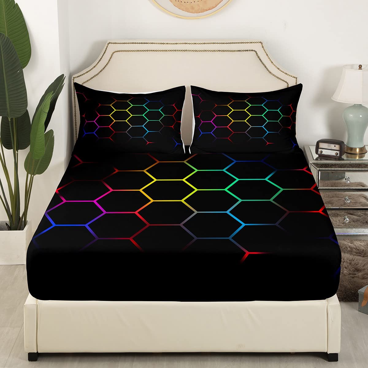 Hexagonal Bedding Sheets Geometric Honeycomb Bed Sheet Set for Kids Boys Girls Beehive Hexagon Bedding Fitted Sheet Yellow Red Green Black Blue Decor Bed Cover Bedroom Collection 3Pcs Queen Size