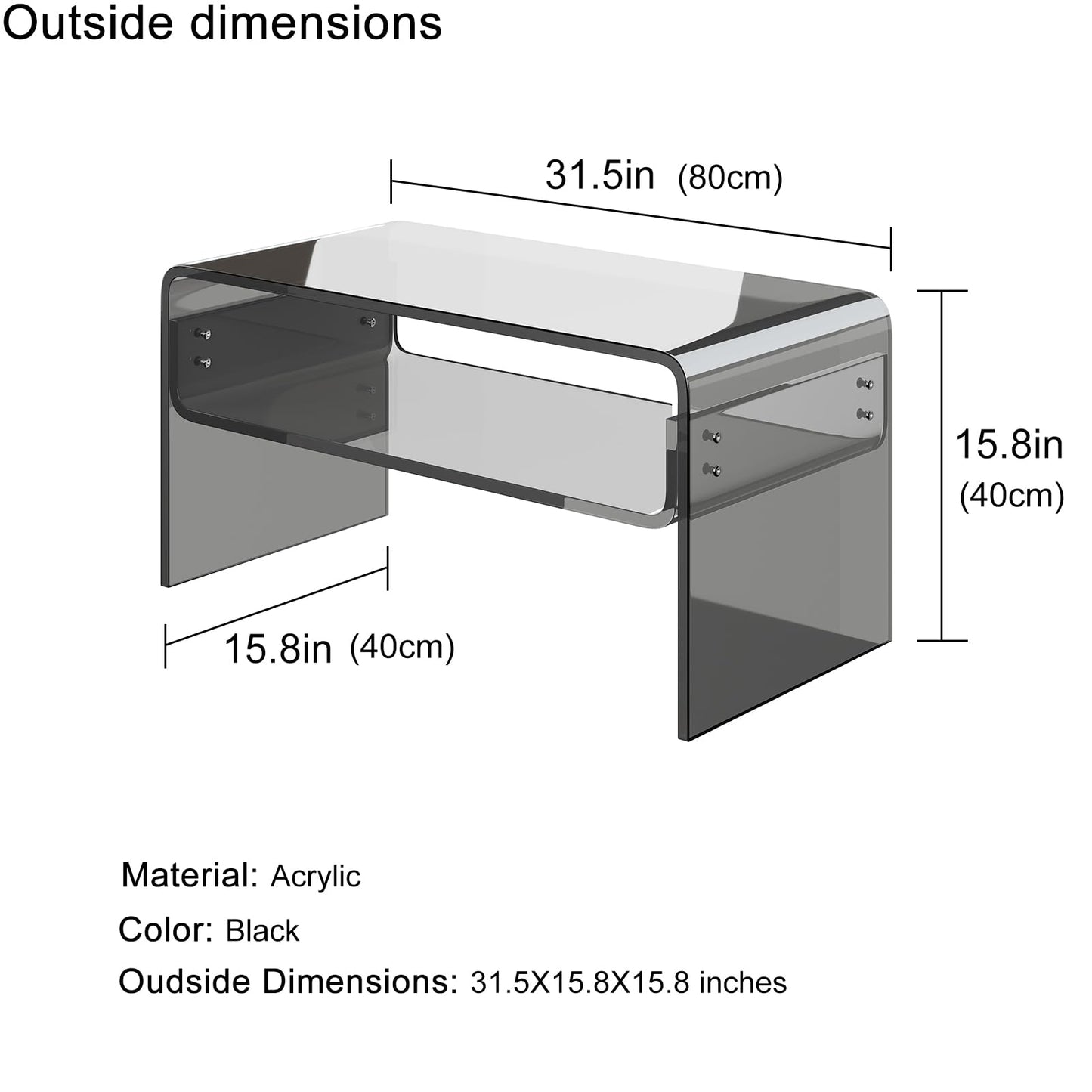 XOHYW Acrylic Coffee Table, Black Rectangle Modern Side Table Furniture, Tea Table with Open Storage, Suitable for Living Room, Office Reception and Bedroom