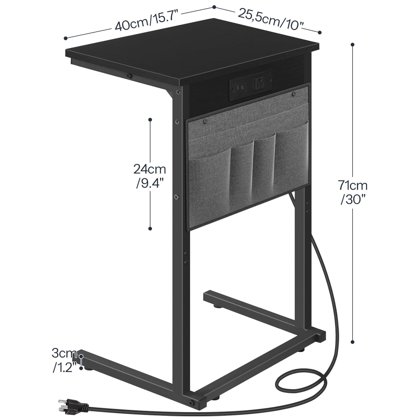 HOOBRO C Shaped End Table with Charging Station, 28" H Couch Side Table Slide Under, Sofa Arm Tray Table with Storage Bag for Living Room, Recliner, Black BB70USF01