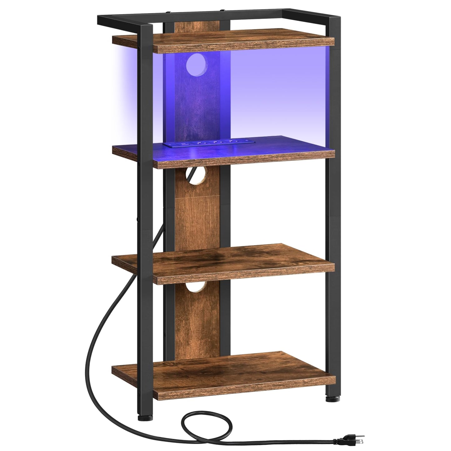 HOOBRO 4-Tier AV Media Stand, Media Console with Charging Station and LED Light, Wooden Stereo Cabinet, Corner TV Stand, Record Player, Entertainment Device Stand, Rustic Brown and Black BF38UDCJ01