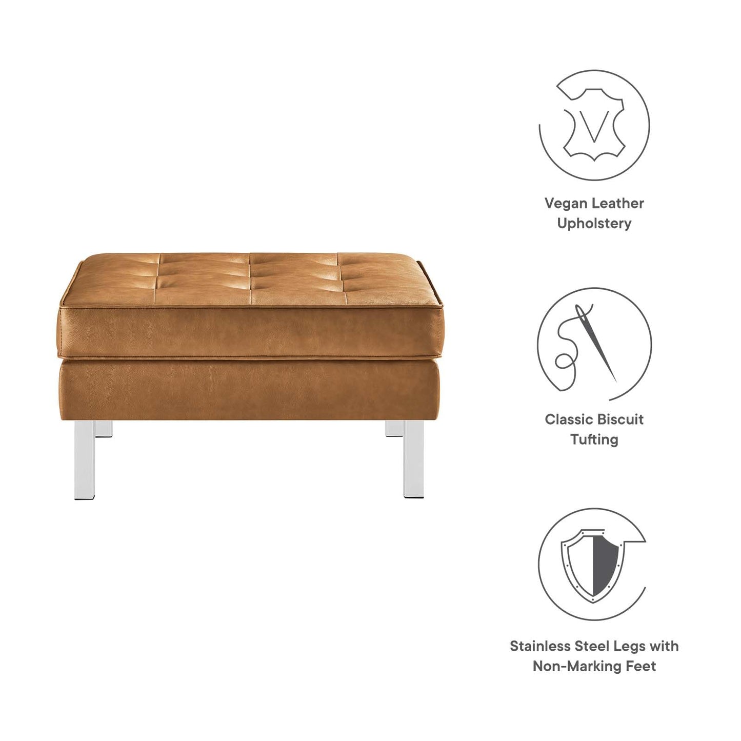 Modway Loft Tufted Button Faux Leather Upholstered Square Ottoman in Silver Tan