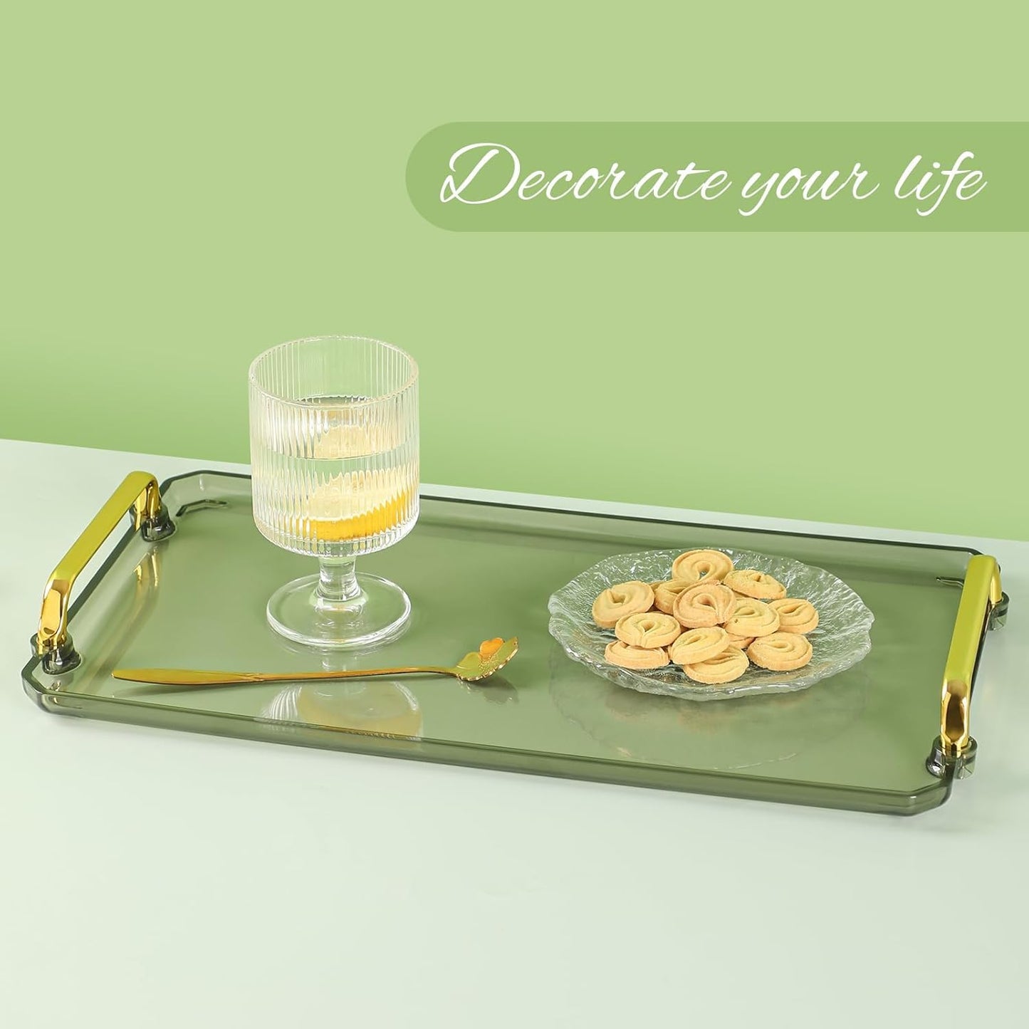 BERGFBV Acrylic Serving Tray with Handles, 16x9 Inch Ottoman Tray, Spill-Proof Coffee Table Tray for Couch, Bedroom & Countertop Decor (Green)