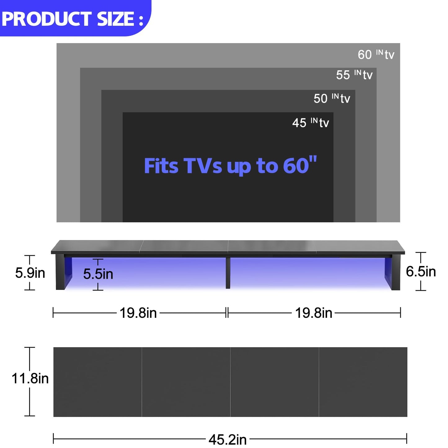 aboxoo 45" TV Riser with Light for 32-60 inch TV, TV Riser Stand Shelf, Tabletop TV Stand Riser, Computer Monitor Table for Home Living Room, Study Office (Black)