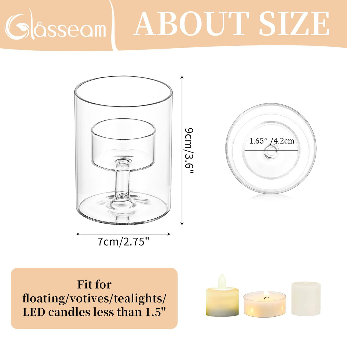 Glasseam Glass Tealight Candle Holder: Small Hurricane Cylinder Votive Holder Set of 6 Modern Table Centerpiece Wedding Christmas Party Decorations, 3.15