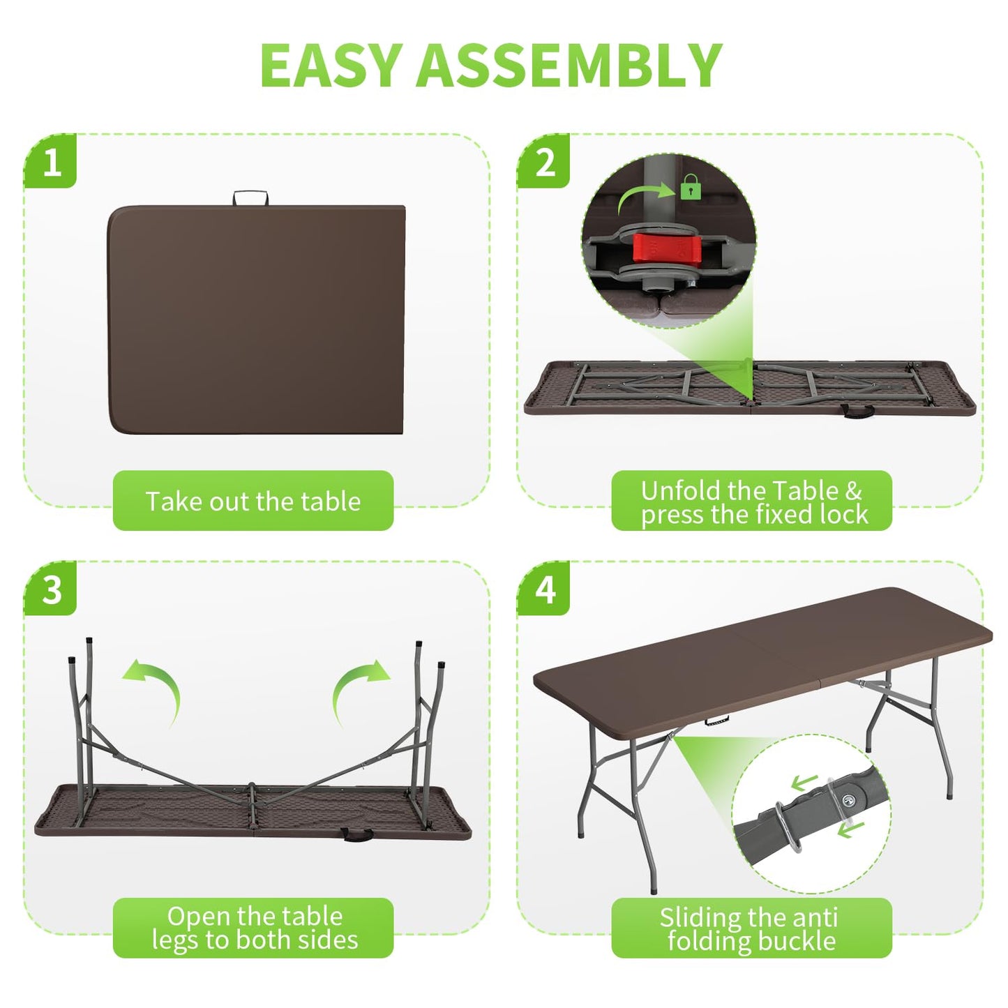 BestOffice 6 FT Picnic Table, Portable Plastic Folding Table with Carrying Handle Perfect for Picnics, Parties, Party and Camping, Brown