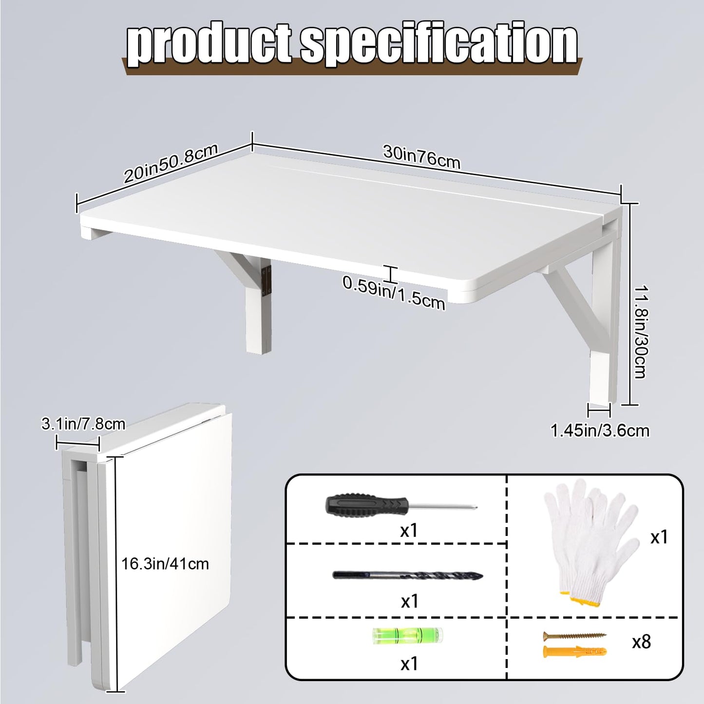 MM MELISEN Wall Mounted Folding Table, 29.5"L x 19.6"W, White, Space-Saving Design