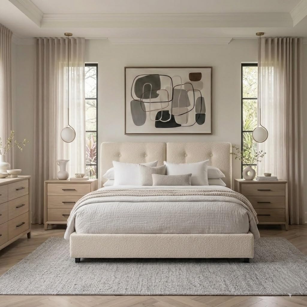 IMMERSTABLE Full Size Bed Frame with Headboard, Boucle Upholstered Bed Frame, Removable and Washable, No Box Spring Needed, Wood Slat Support, Easy Assembly, Beige