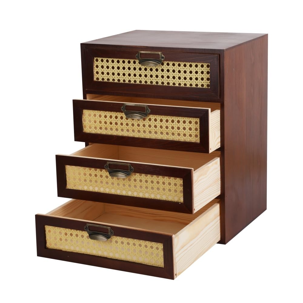 GoooodGift Large Wooden Storage Box with Drawers (Boho Apothecary Cabinet, Rattan Frame, Brown)