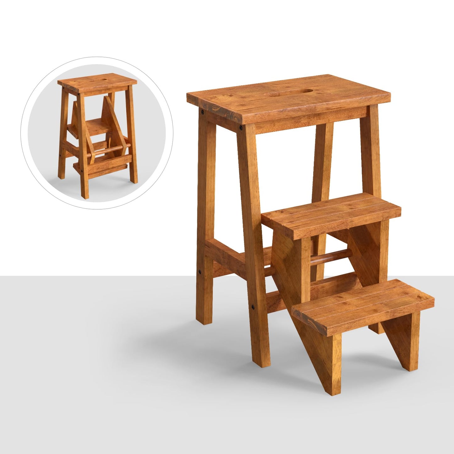 Costzon Folding 3 Step Stool, 3 in 1 Wooden Step Ladder with Handle, Non-Slip Pedal, Multifunctional Storage Shelf, Flower Rack for Kitchen, Library, Garage, Foldable Step Stool for Adults Kids