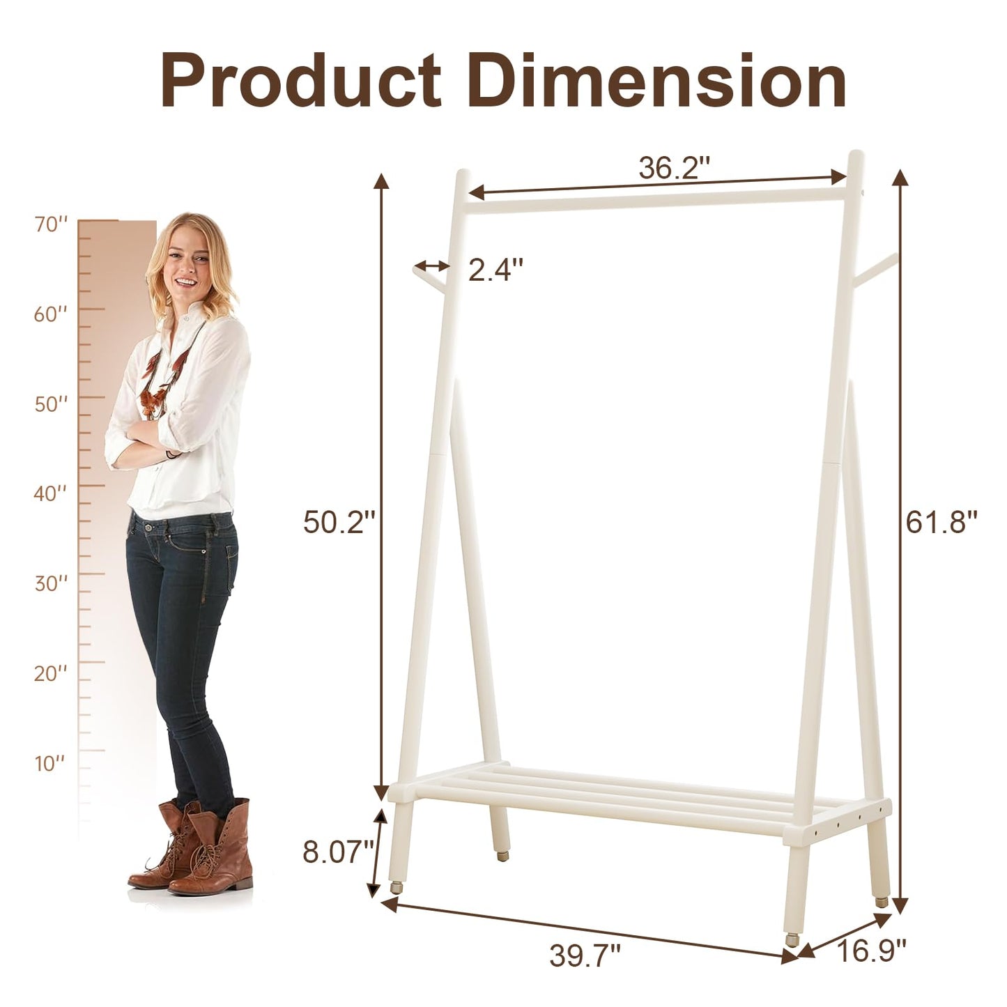 Muwuele Solid Wood Clothes Rack, Clothing Rack for Hanging Clothes, Hanging Racks for Clothes with Shelves Load 350 Lbs Garment Rack (White)