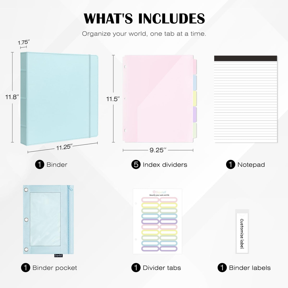 Ospelelf Leather 3 Ring Binder for Letter Size Documents with Pocketed Storage Dividers, Pencil Pouch & Notepad, 1 Inch Round Rings, Holds 175 Sheets, for Office School Home Organization, Light Blue