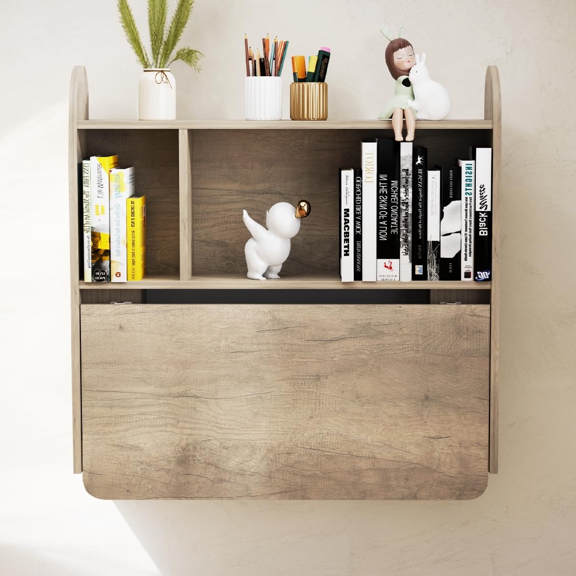 TuckTect Wall Mounted Drop-Leaf Table, Floating Laptop Desk, Folding Table with Shelves, Multifunctional Computer Workstation with Storage Compartments in Home Office for Space Saving (Rustic Oak)