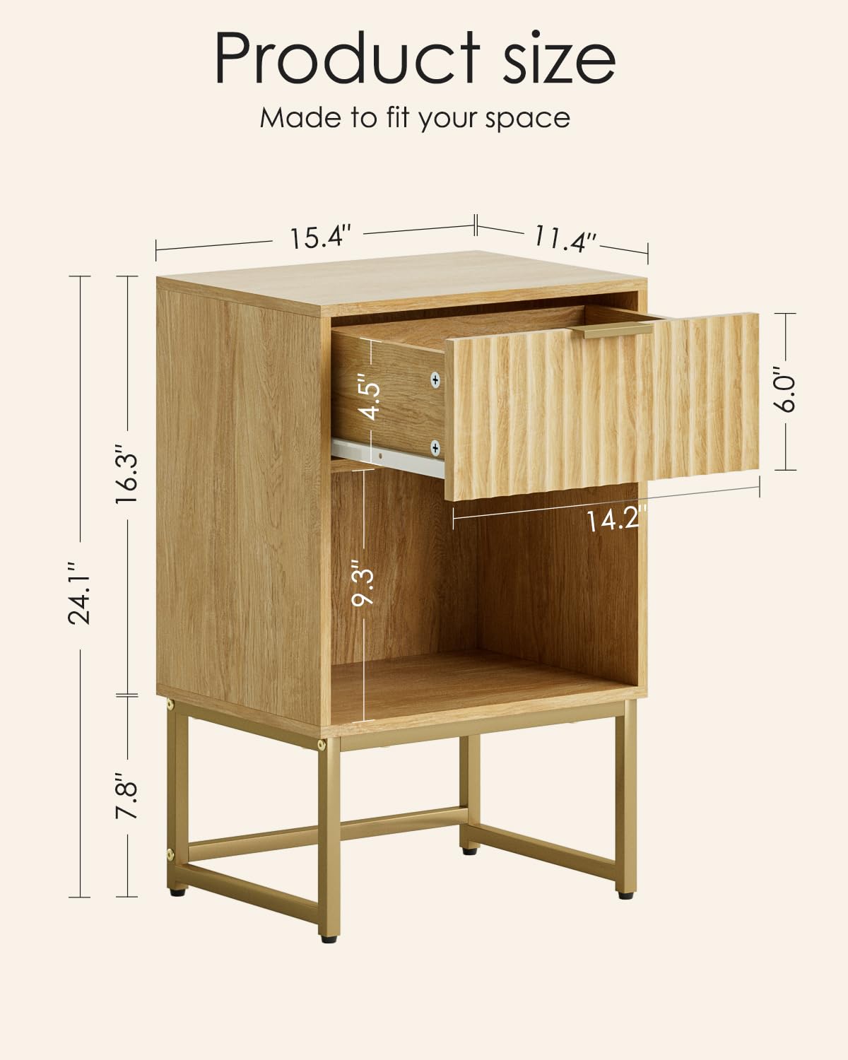 Masupu Fluted Nightstand,Modern Night Stand Wood Bedside Table with Storage Drawer Side End Table for Bedroom,Office,Oak