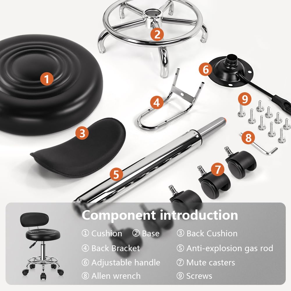 KKTONER PU Leather Modern Rolling Stool with Low Back Height Adjustable Work Salon Drafting Swivel Task Chair with Footrest (Black)