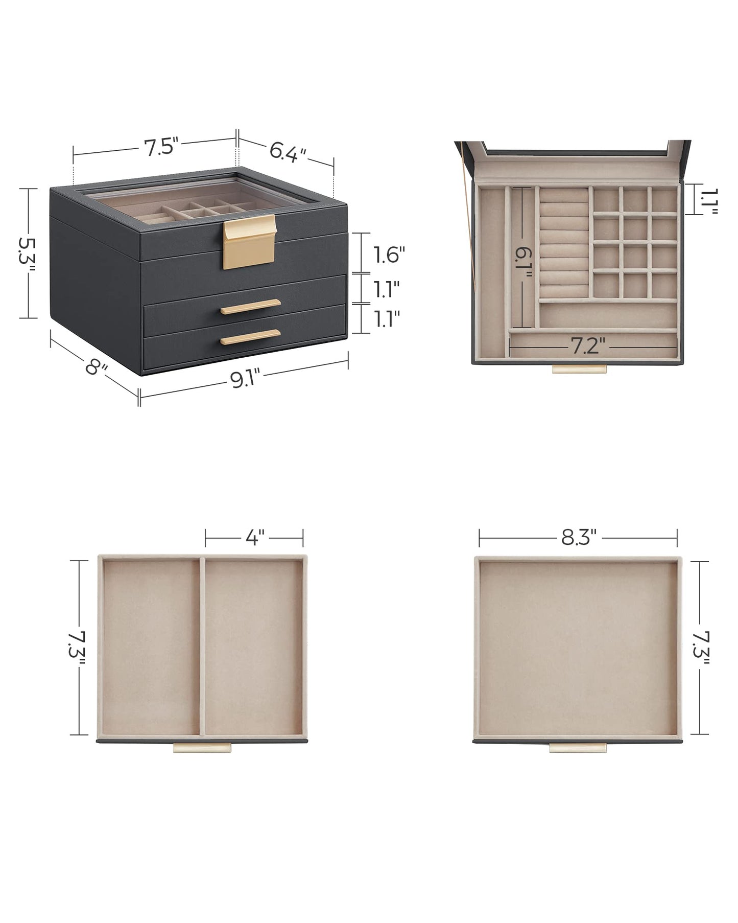 SONGMICS GISELLA Collection - Jewelry Box Organizer, 3-Layer Jewelry Storage with 2 Drawers, Shiny Metal Hardware, Glass Lid, Modern, 8 x 9.1 x 5.3 Inches, Gray and Gold Color UJBC239G02