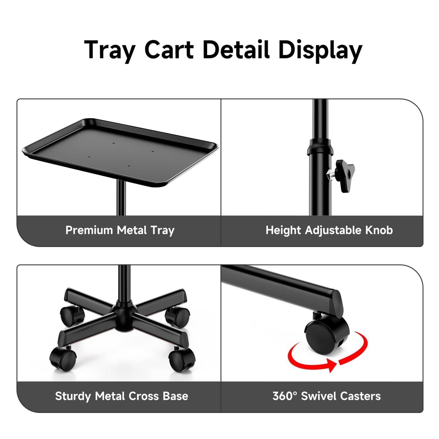 Salon Cart With Adjustable Height Tray on Wheels - Rolling Trolley for Tattoo, Spa, Dental, Hairstylist - Black