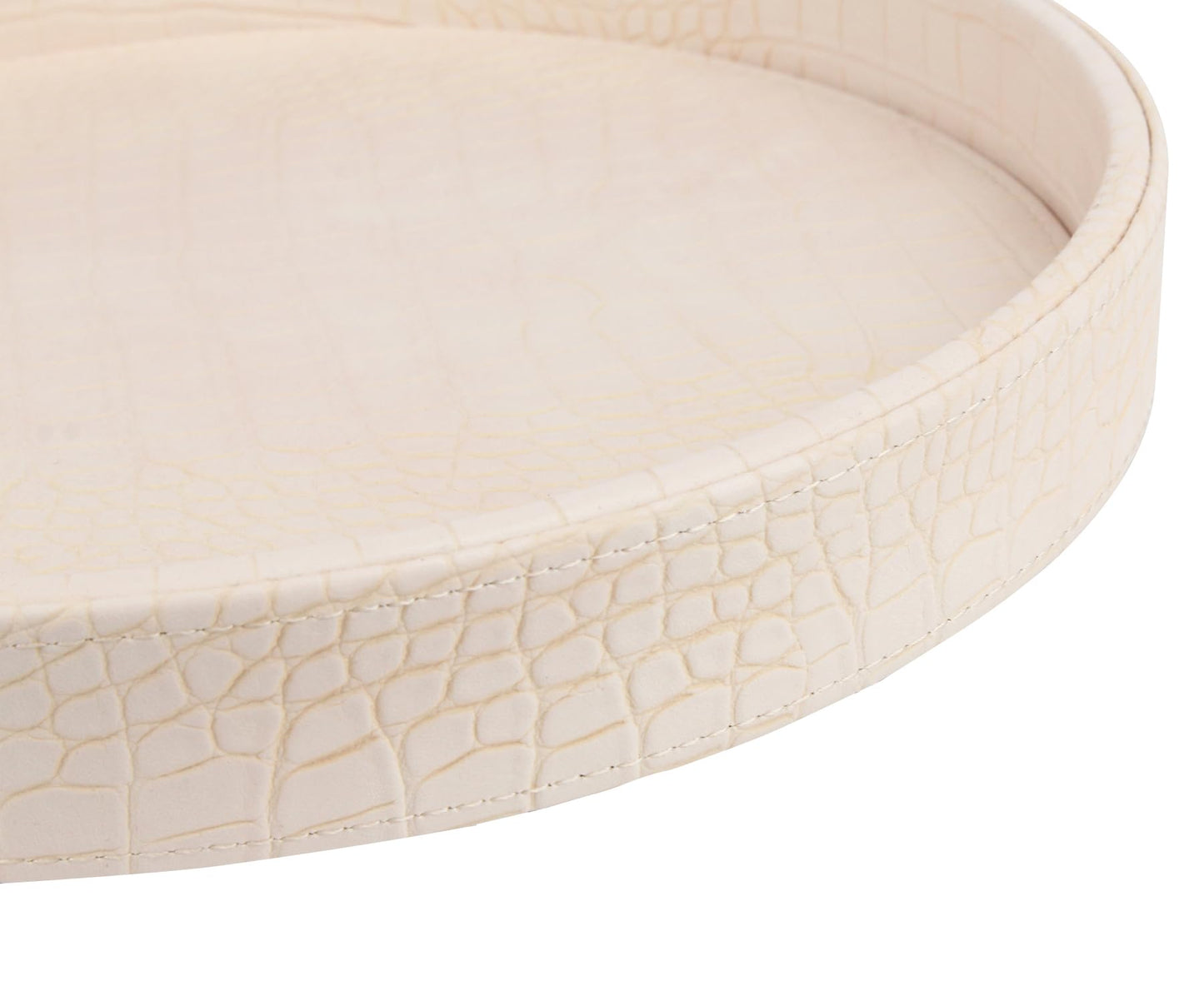 HofferRuffer Faux Leather Round Serving Tray, Vegan Croco Leather Decorative Tray, Food Tray for Storage Drinks, Snack & Cosmetics, Dia.12'' x 1.6'' (CreamWhite/Tiny Yellow)