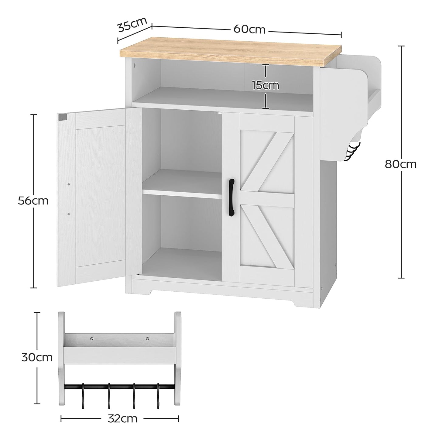 YATINEY Coffee Bar Cabinet, Kitchen Island with Storage, Farmhouse Sideboard Buffet Cabinet with Dual-Purpose Floating Shelf and Hooks, for Kitchen Living Room, White and Natural KF22WN