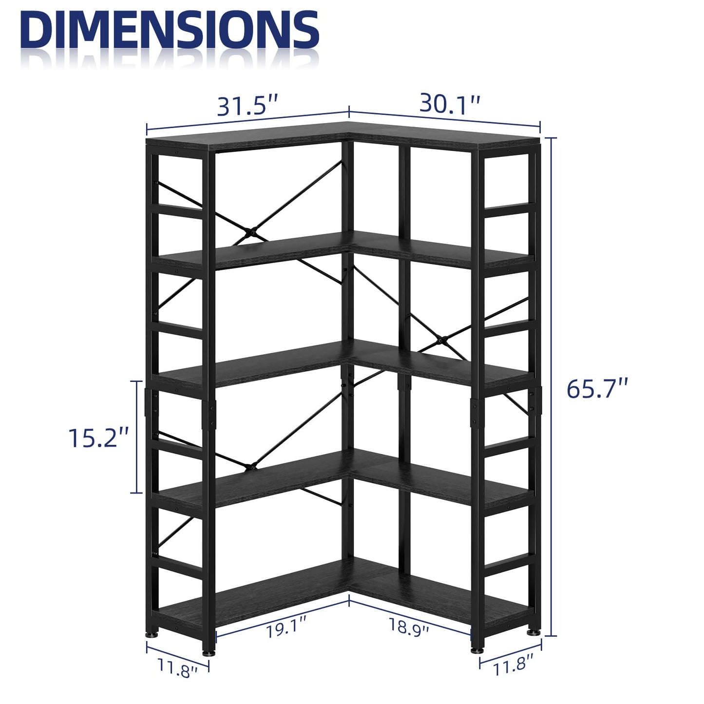 NUMENN 5 Tier Corner Bookshelf, Modern Corner Bookcase, Large Open Shelf Bookcase, Tall Bookshelves Storage Display Rack for Bedroom, Living Room and Home Office, Black
